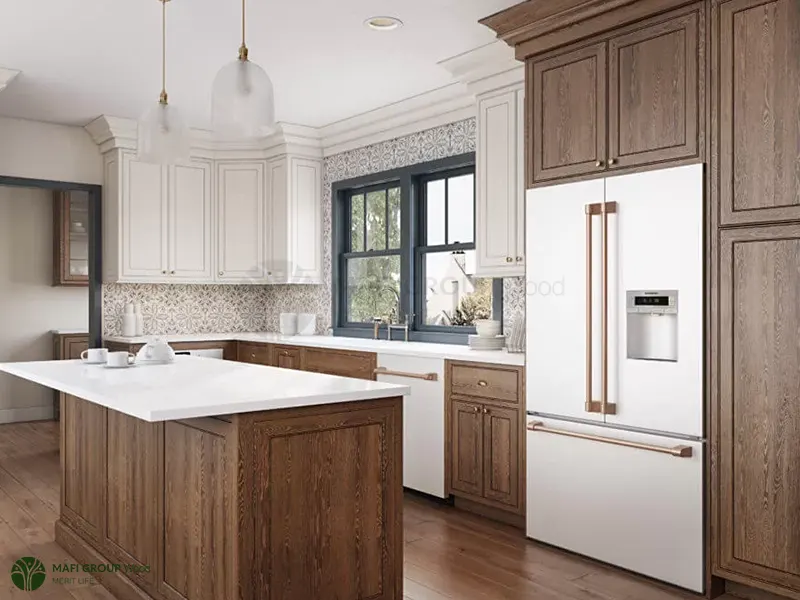 کابینت سفید و رنگ چوب روشن