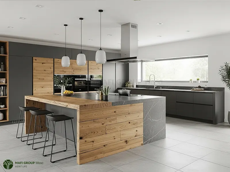 ترکیب چوب و سنگ در میز اپن