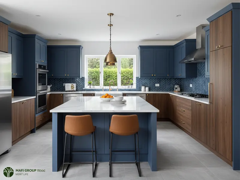 ست کردن کابینت قهوه ای با رنگ آبی کلاسیک