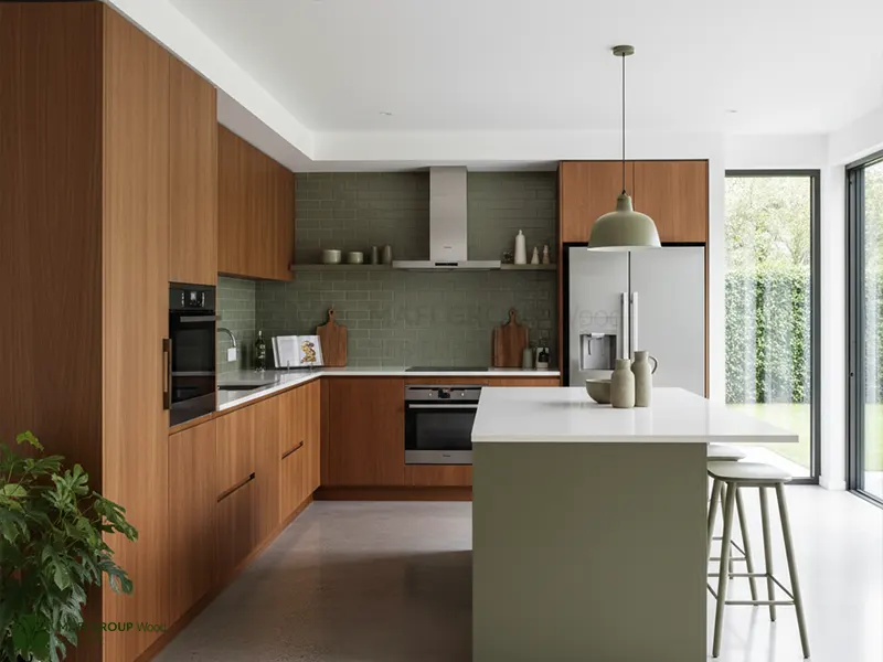 ست کردن کابینت قهوه ای با رنگ سبز زیتونی