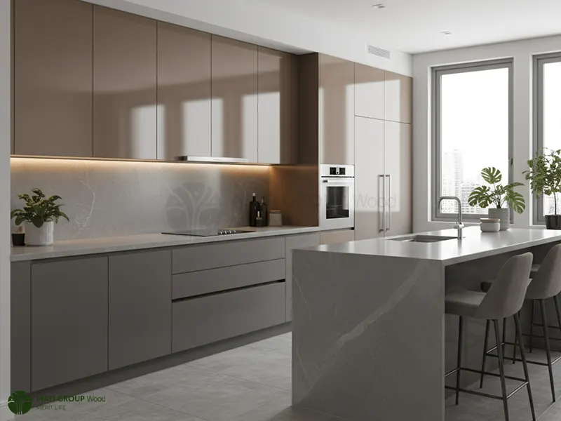 ست کردن کابینت قهوه ای با رنگ طوسی