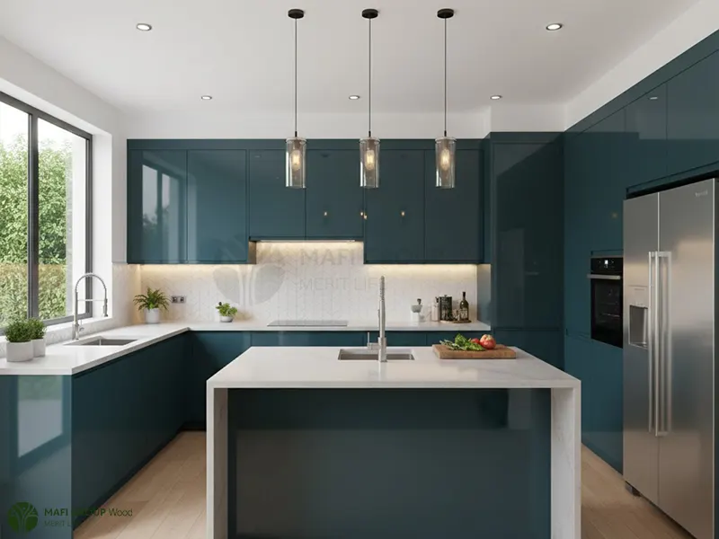 کابینت هایگلاس با رنگ فیروزه ای دگرگون کننده