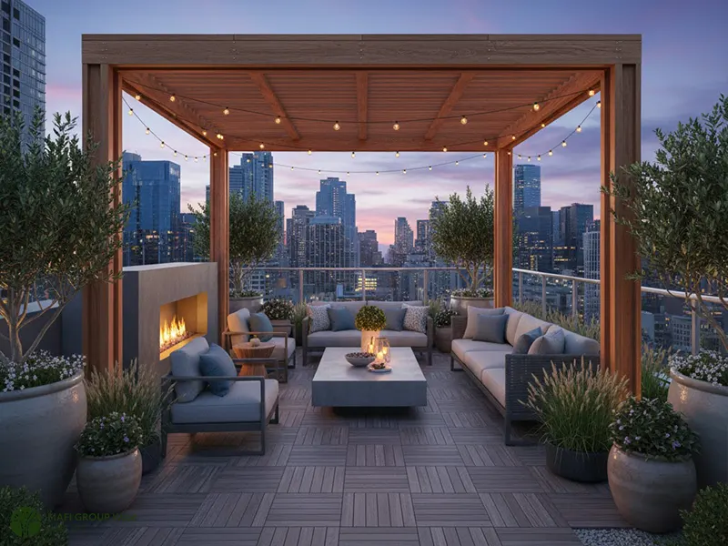 دکوراسیون روف گاردن با آلاچیق با چوب ترمو