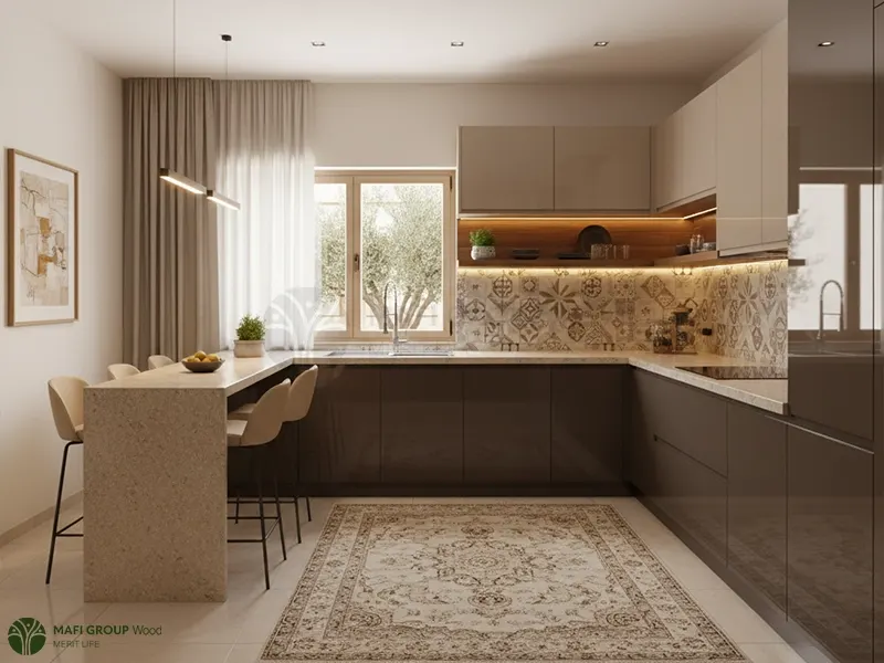 کابینت آشپزخانه بژ و قهوه‌ای