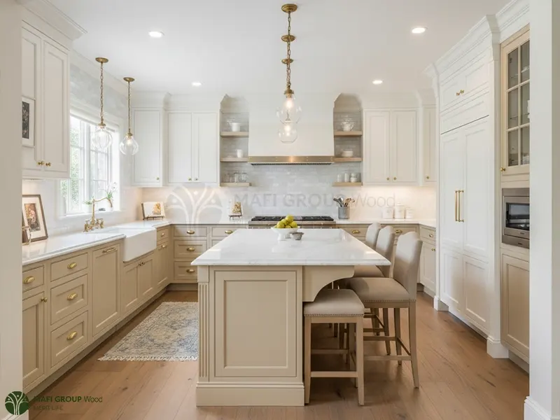 ترکیب رنگ کابینت سفید و کرم