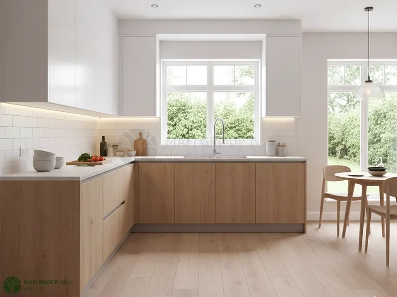 کابینت سفید و رنگ چوب روشن